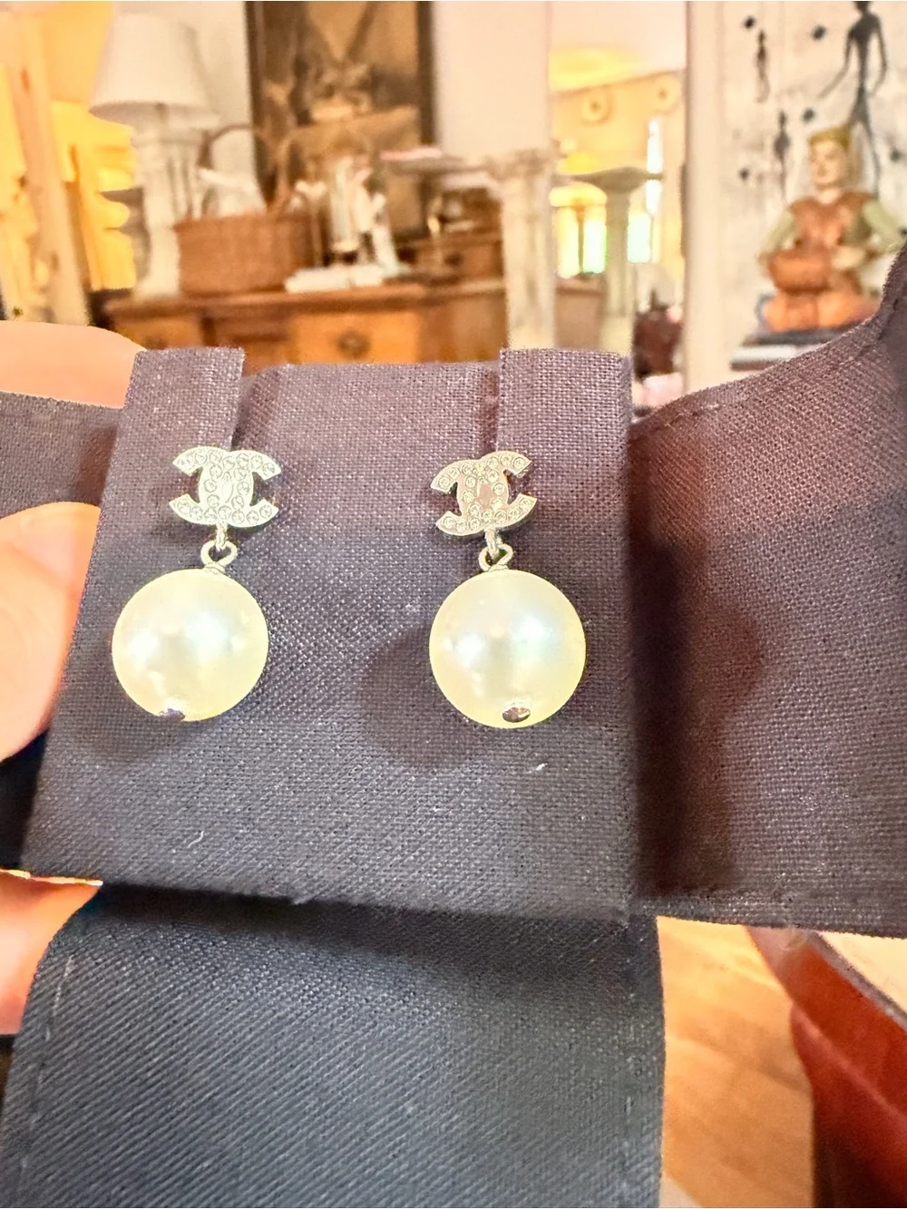 CHANEL Authentic CHANEL Crystal CC Pearl Dangle Drop Earrings Silver with Box